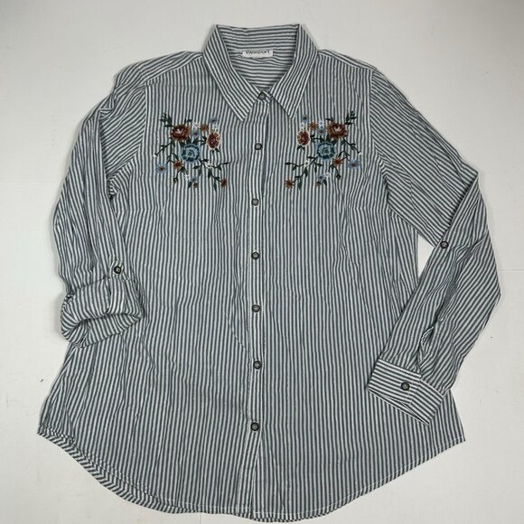 Westport Women Button Up Shirt Top Gray Striped Metallic Embroidered Floral Sz L - Picture 3 of 7